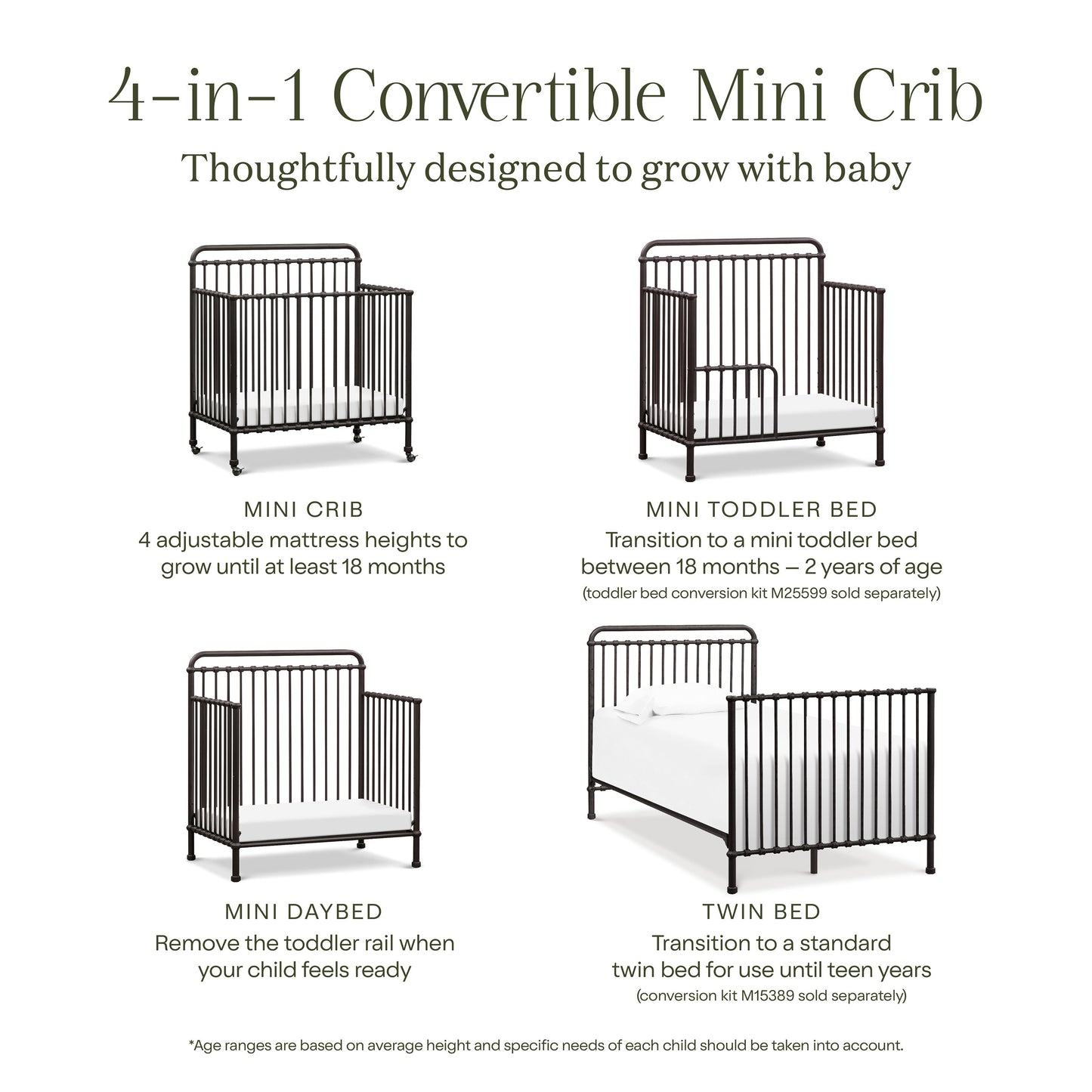 Winston 4-in-1 Convertible Mini Crib in Vintage Gold