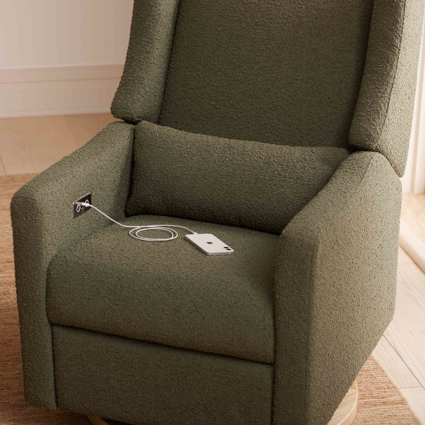 Kiwi Glider Recliner w/ Electronic Control and USB in Ivory Boucle w/Gold Base