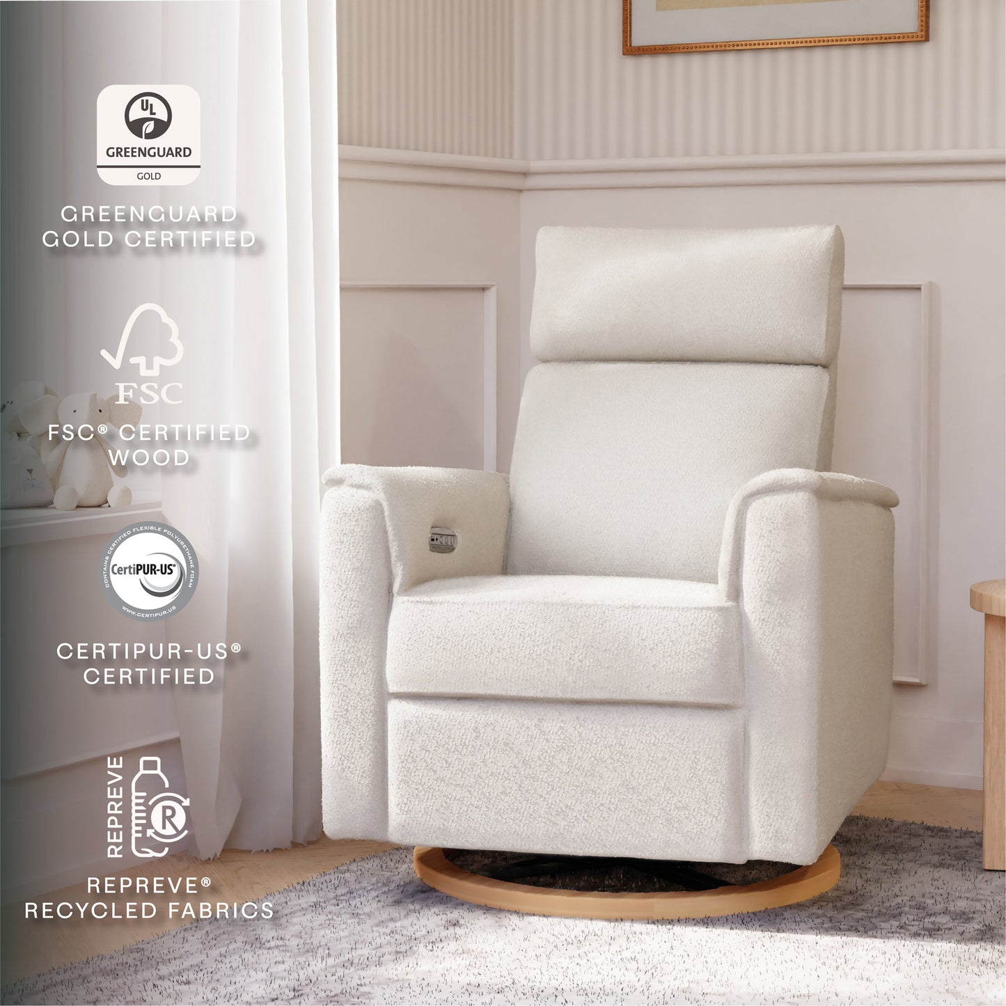 Willa Power Glider Recliner w/ adj. headrest & USB in Performance Grey Eco-Weave w/Light Wood Base