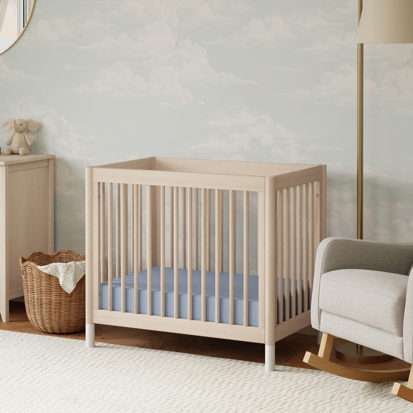 Gelato 4-in-1 Convertible Mini Crib and Twin bed in Natural Walnut Finish with Gold Feet