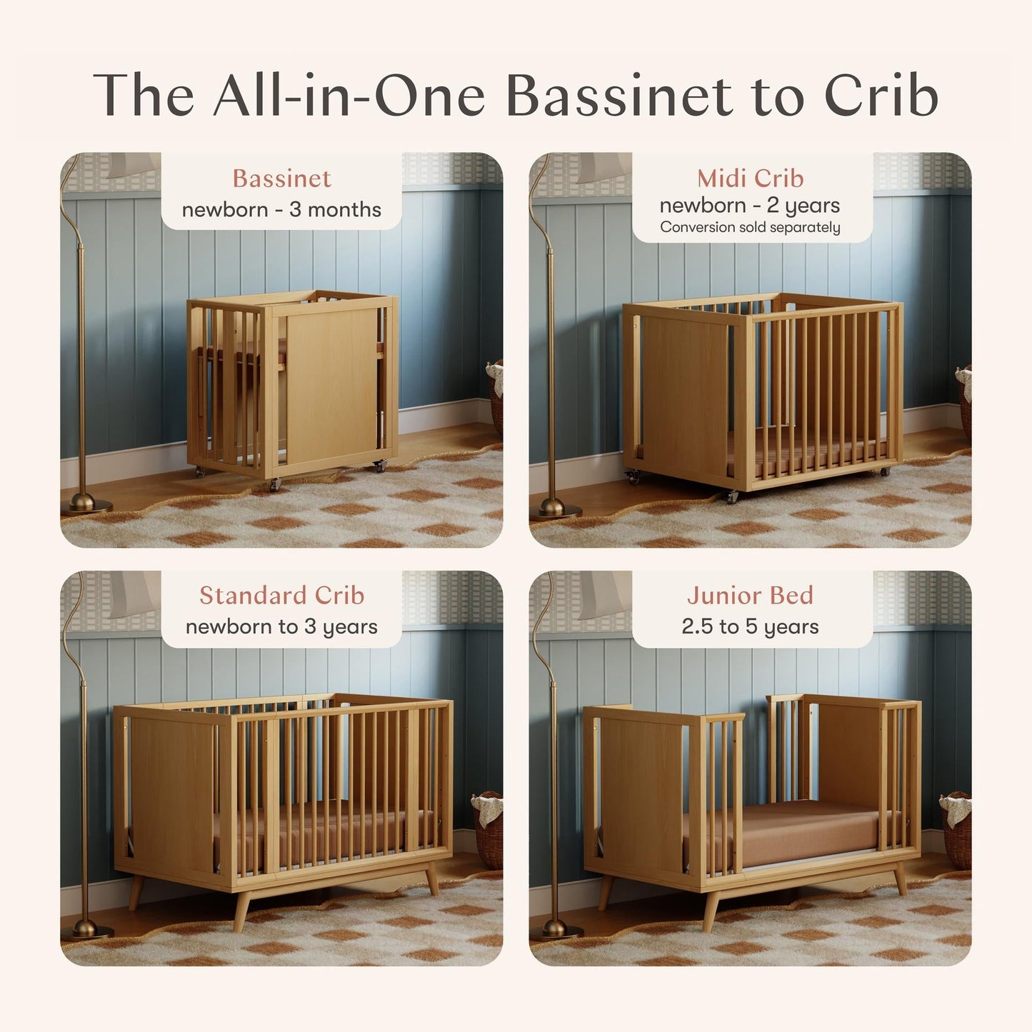 BABYLETTO PALMA 8-IN-1 CONVERTIBLE ALL-STAGES CRIB WITH BASSINET & TODDLER BED KIT