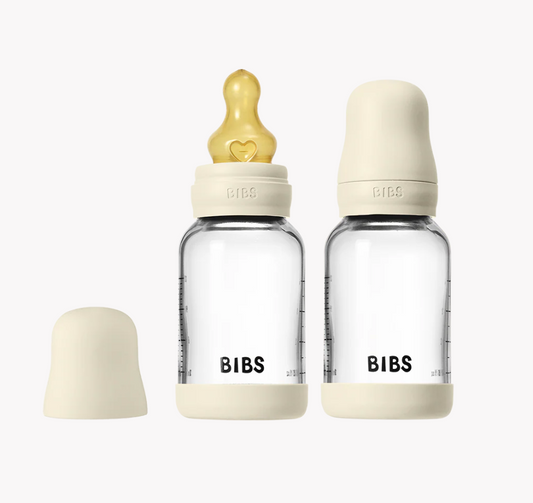 BIBS GLASS BABY BOTTLE ROUND LATEX 2 PACK 120ML SLOW FLOW IVORY