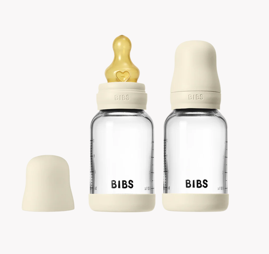 BIBS GLASS BABY BOTTLE ROUND LATEX 2 PACK 120ML SLOW FLOW IVORY