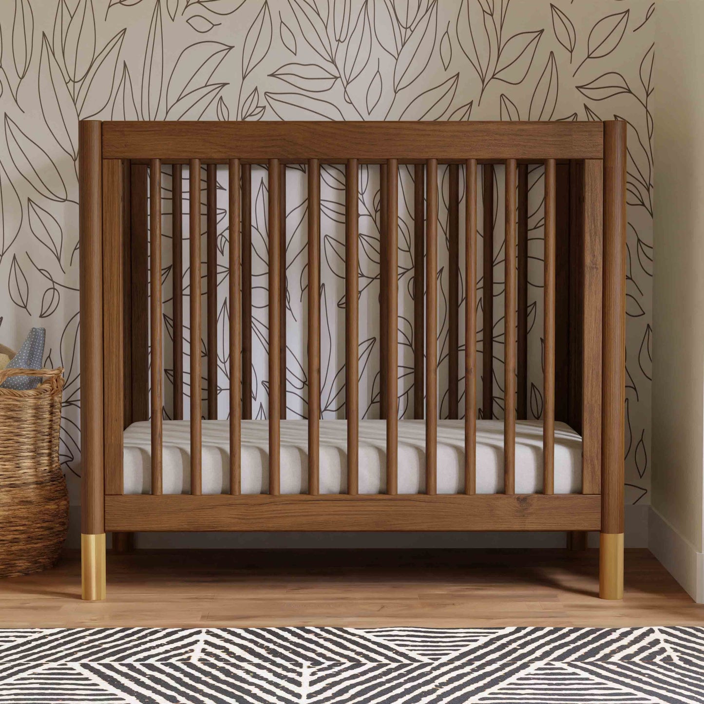 Gelato 4-in-1 Convertible Mini Crib and Twin bed in Natural Walnut Finish with Gold Feet
