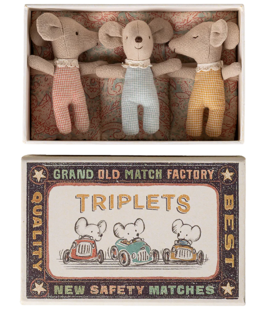 MAILEG TRIPLETS, BABY MICE IN MATCHBOX - CHECKER