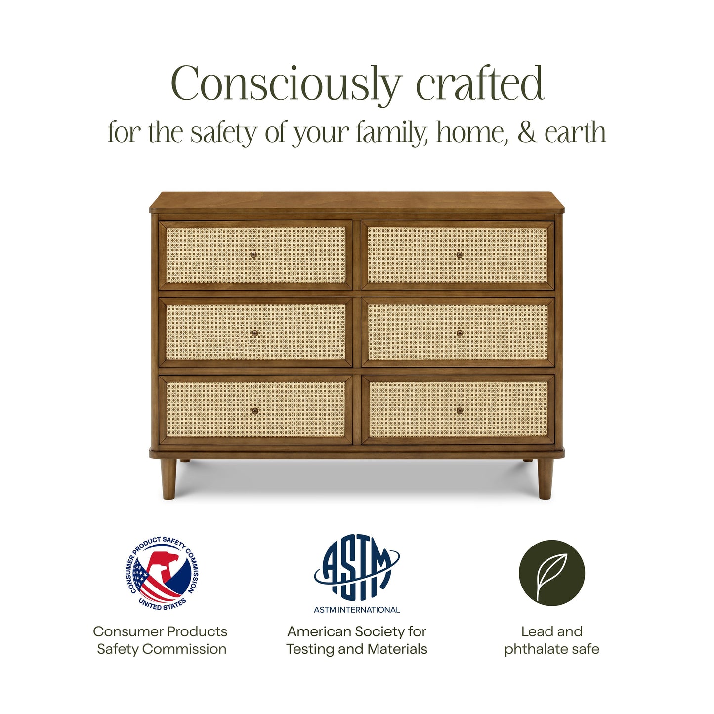 Marin with Cane 6 Drawer Assembled Dresser in Warm White and Honey Cane