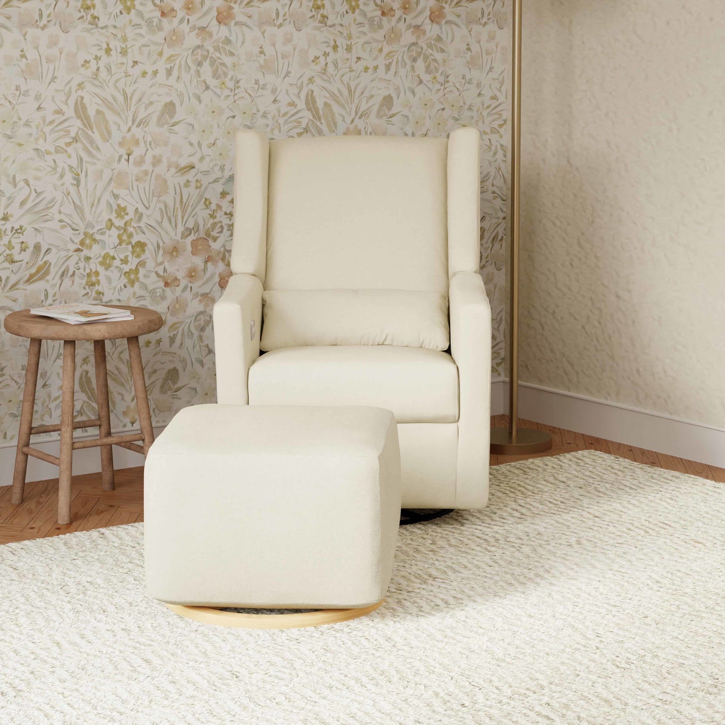 Kiwi Glider Recliner w/ Electronic Control and USB in Ivory Boucle w/Gold Base