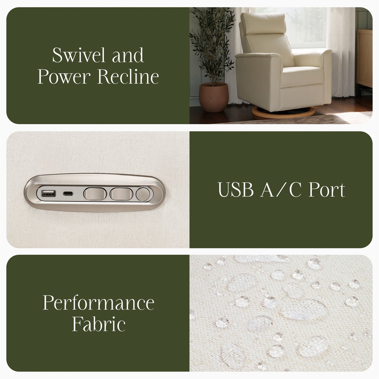 Willa Power Glider Recliner w/ adj. headrest & USB in Performance Grey Eco-Weave w/Light Wood Base