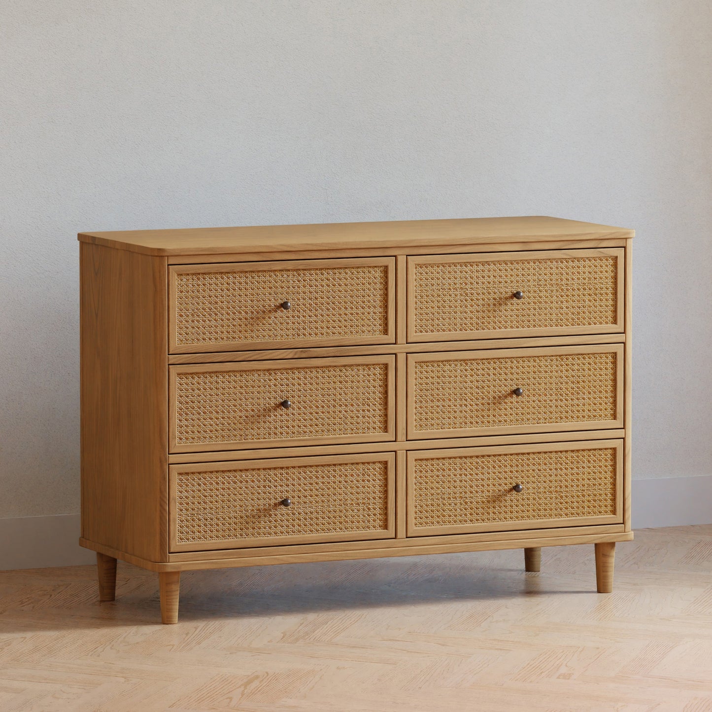 Marin with Cane 6 Drawer Assembled Dresser in Warm White and Honey Cane