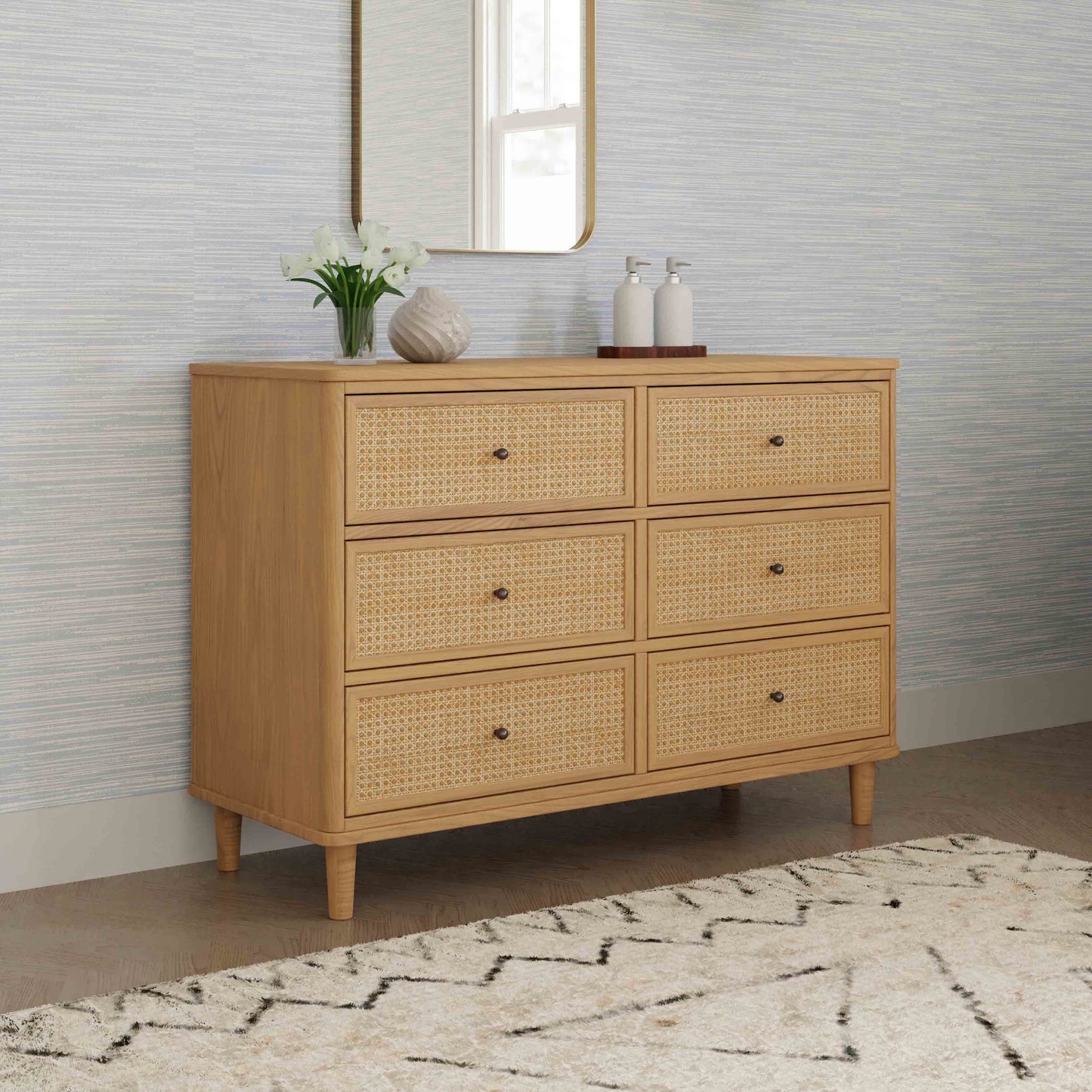Marin with Cane 6 Drawer Assembled Dresser in Warm White and Honey Cane
