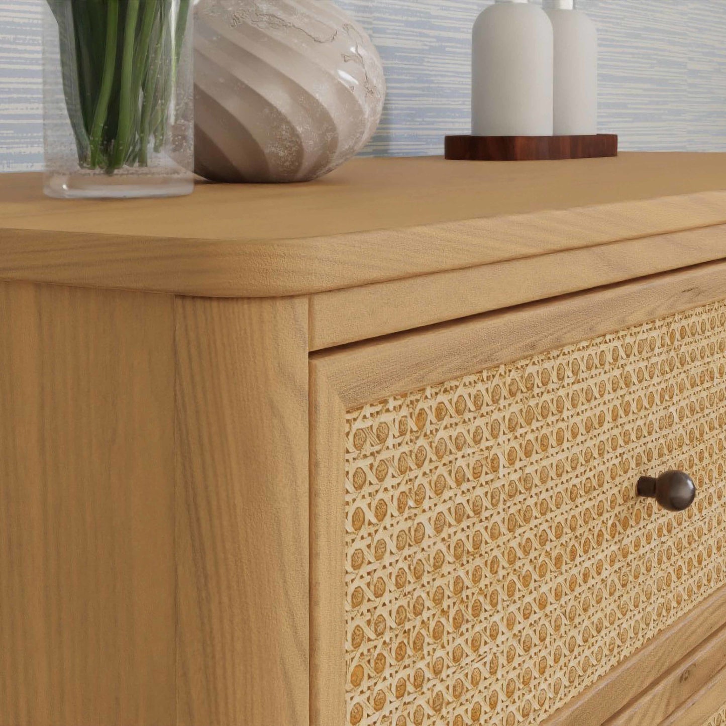 Marin with Cane 6 Drawer Assembled Dresser in Warm White and Honey Cane