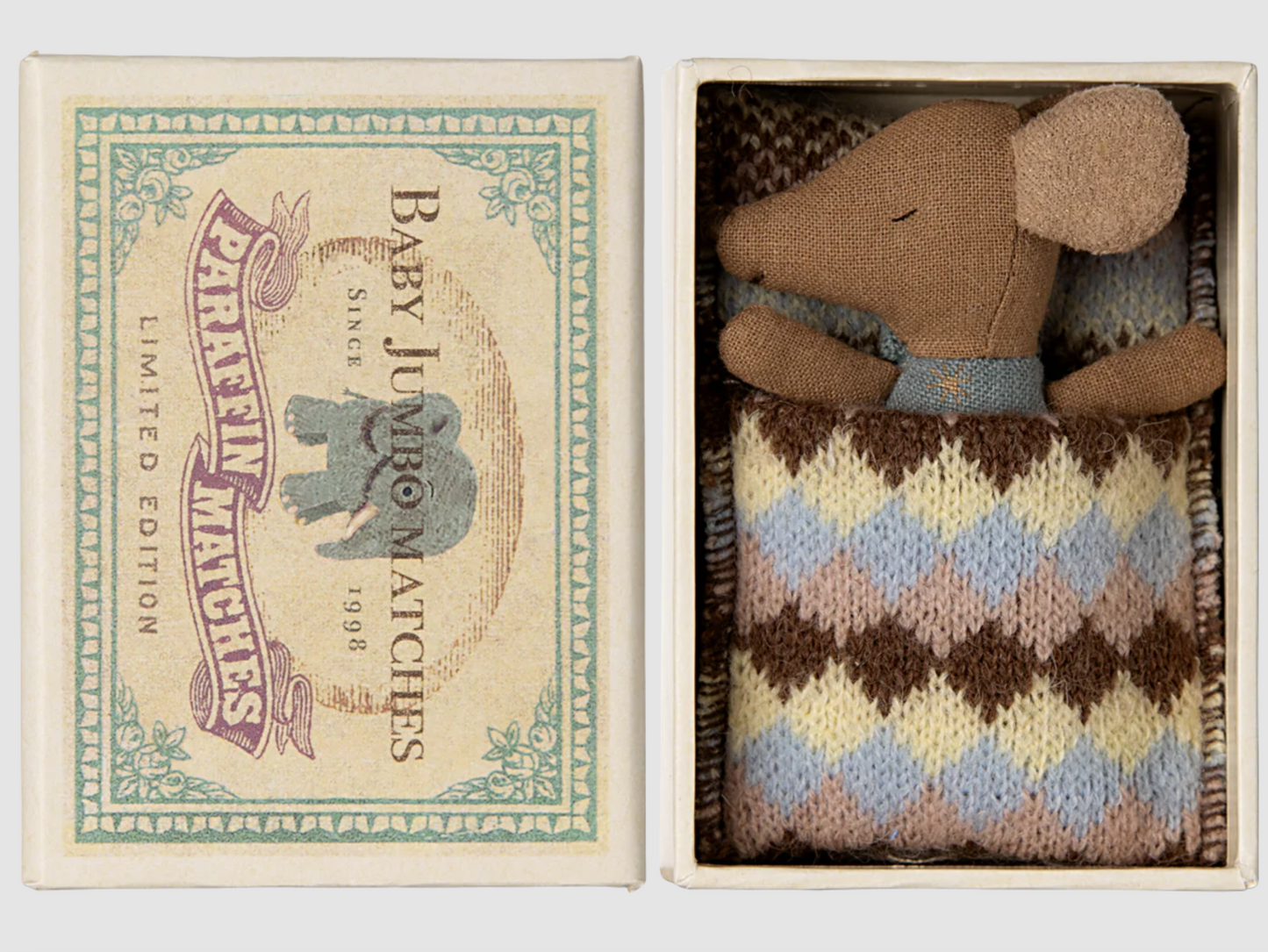 MAILEG SLEEPY WAKEY BABY MOUSE IN MATCHBOX - BLUE