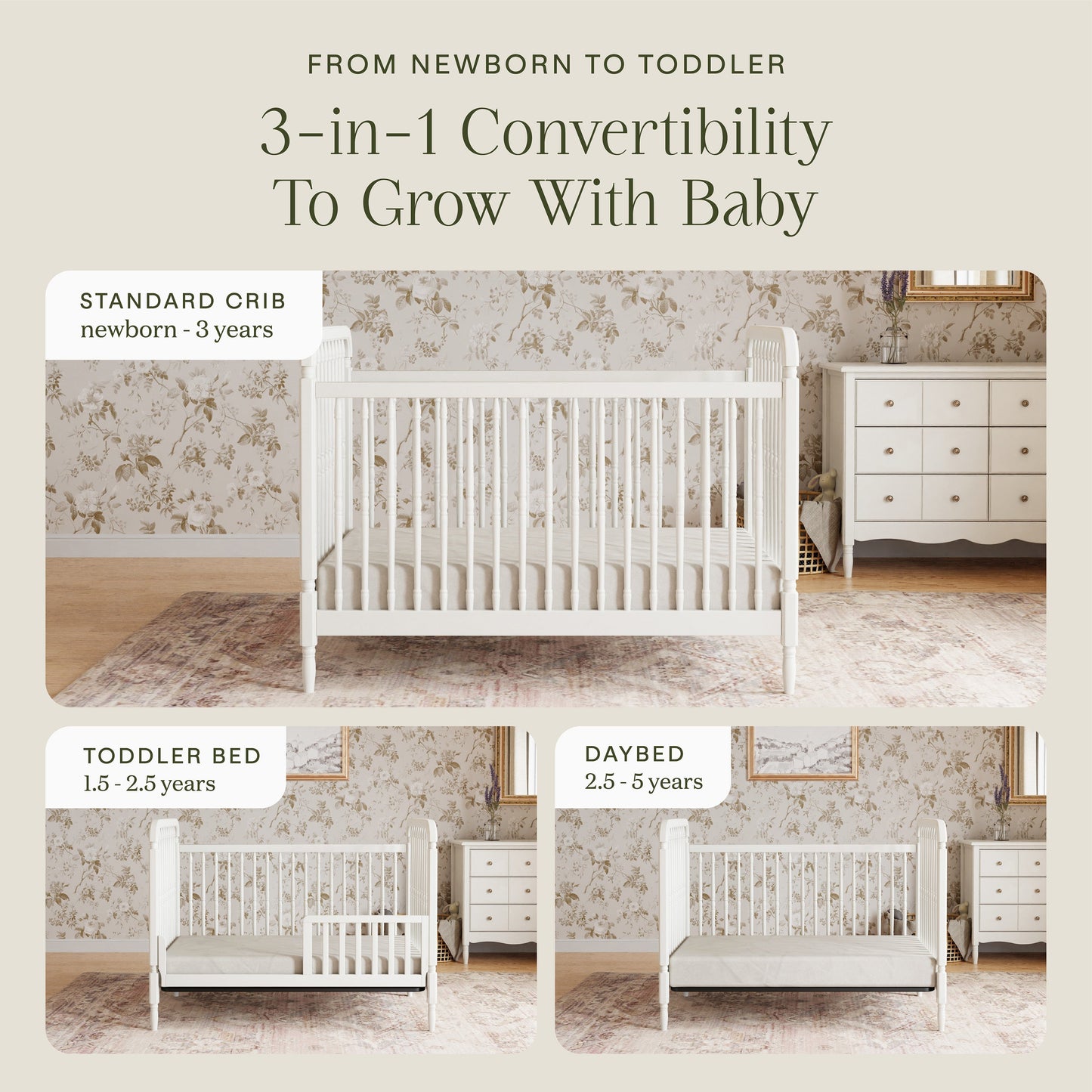 Liberty 3-in-1 Convertible Spindle Crib w/Toddler Bed Conversion Kit in Dusty Rose