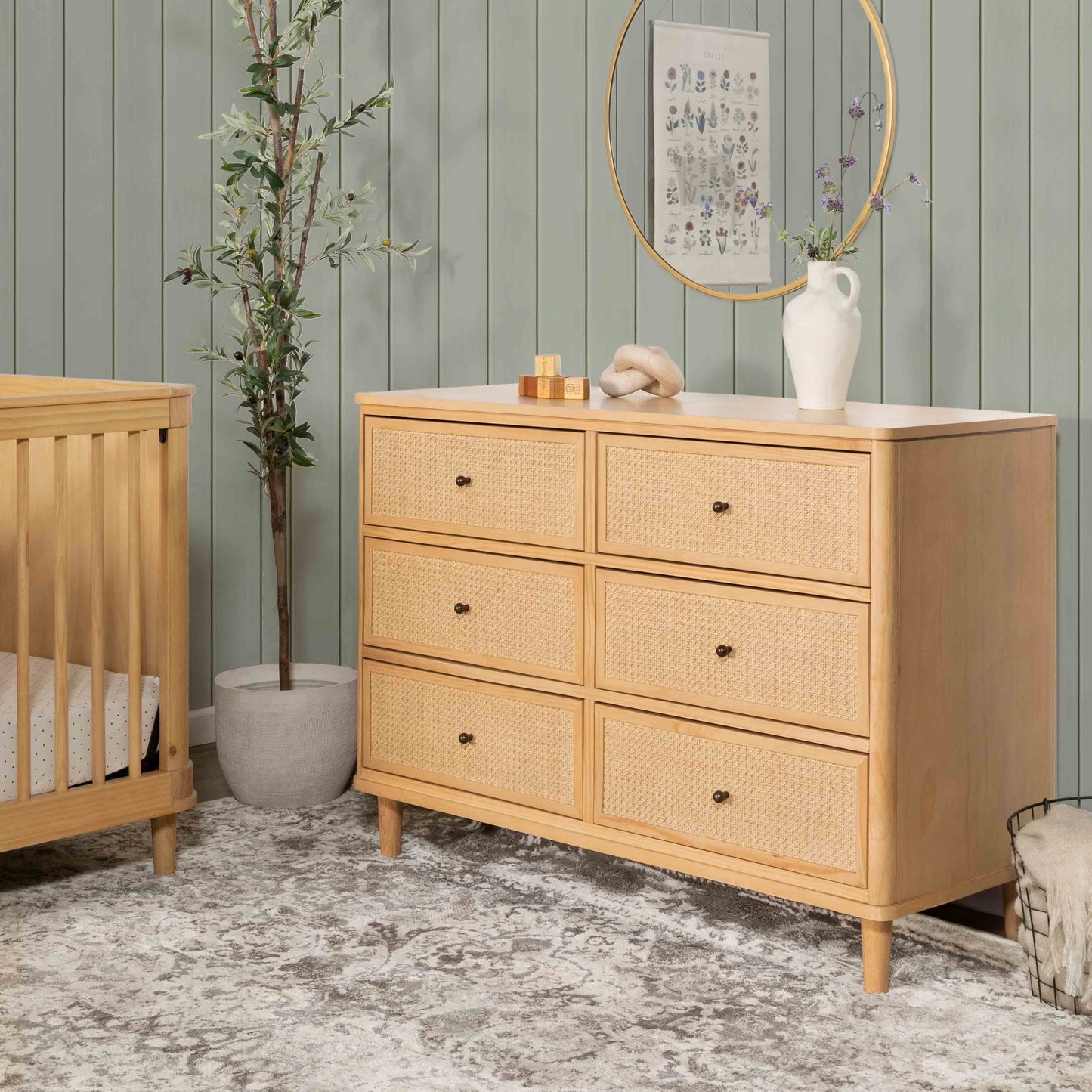 Marin with Cane 6 Drawer Assembled Dresser in Warm White and Honey Cane