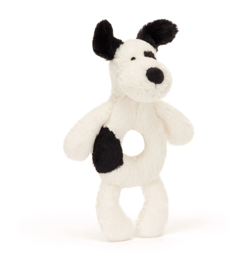 JELLYCAT BASHFUL BLACK AND CREAM PUPPY RING RATTLE
