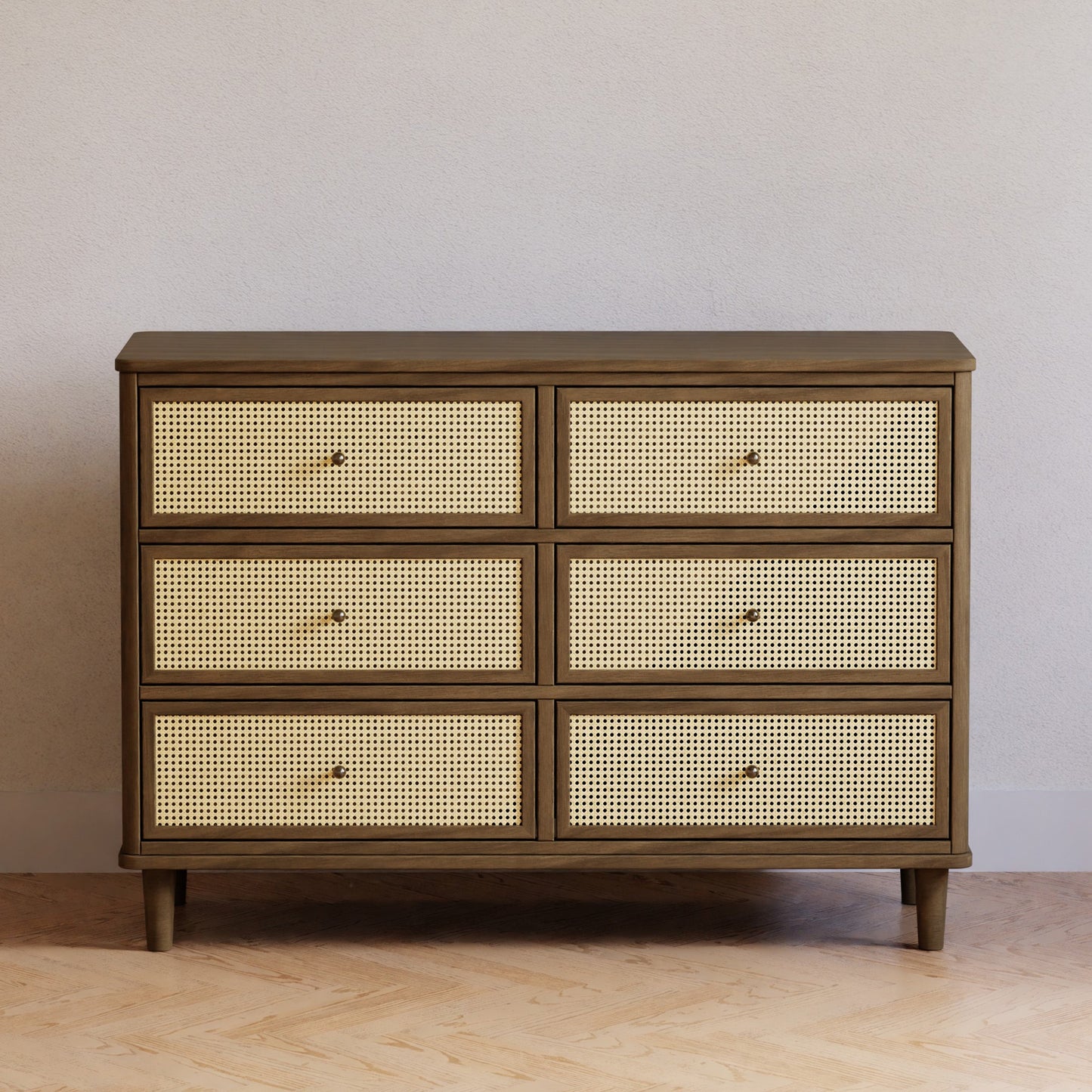 Marin with Cane 6 Drawer Assembled Dresser in Warm White and Honey Cane