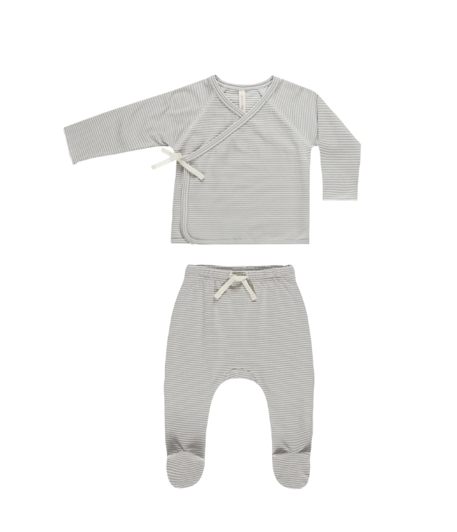 QUINCY MAE WRAP TOP + FOOTED PANT SET BLUE MICRO STRIPE