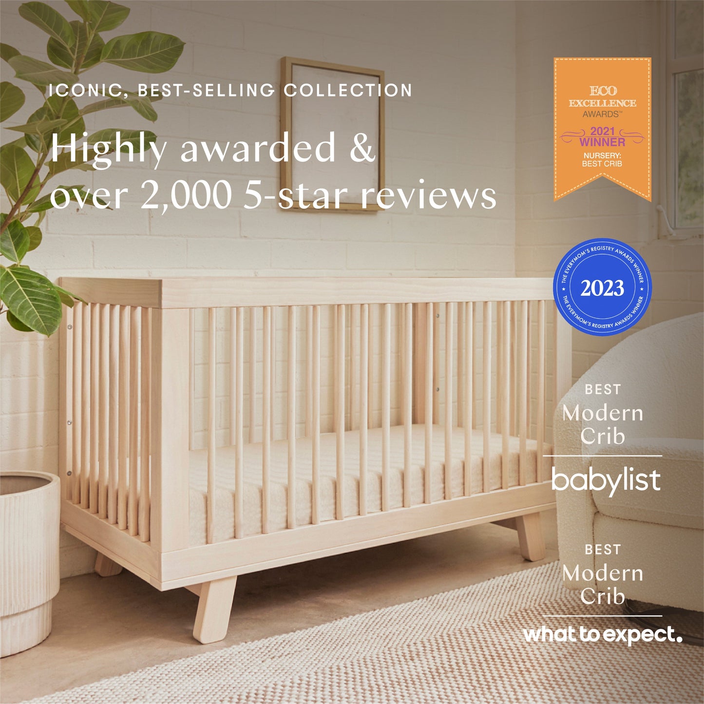 Hudson 3-in-1 Convertible Crib w/ToddlerBedConversionKit in White/Washed Natural