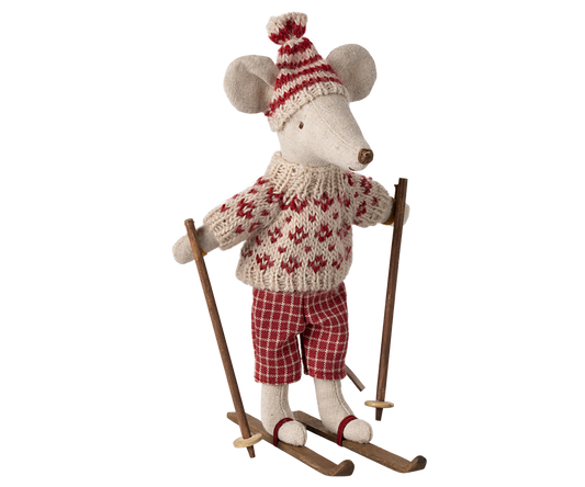 MAILEG WINTER MOUSE WITH SKI SET, MUM - RED