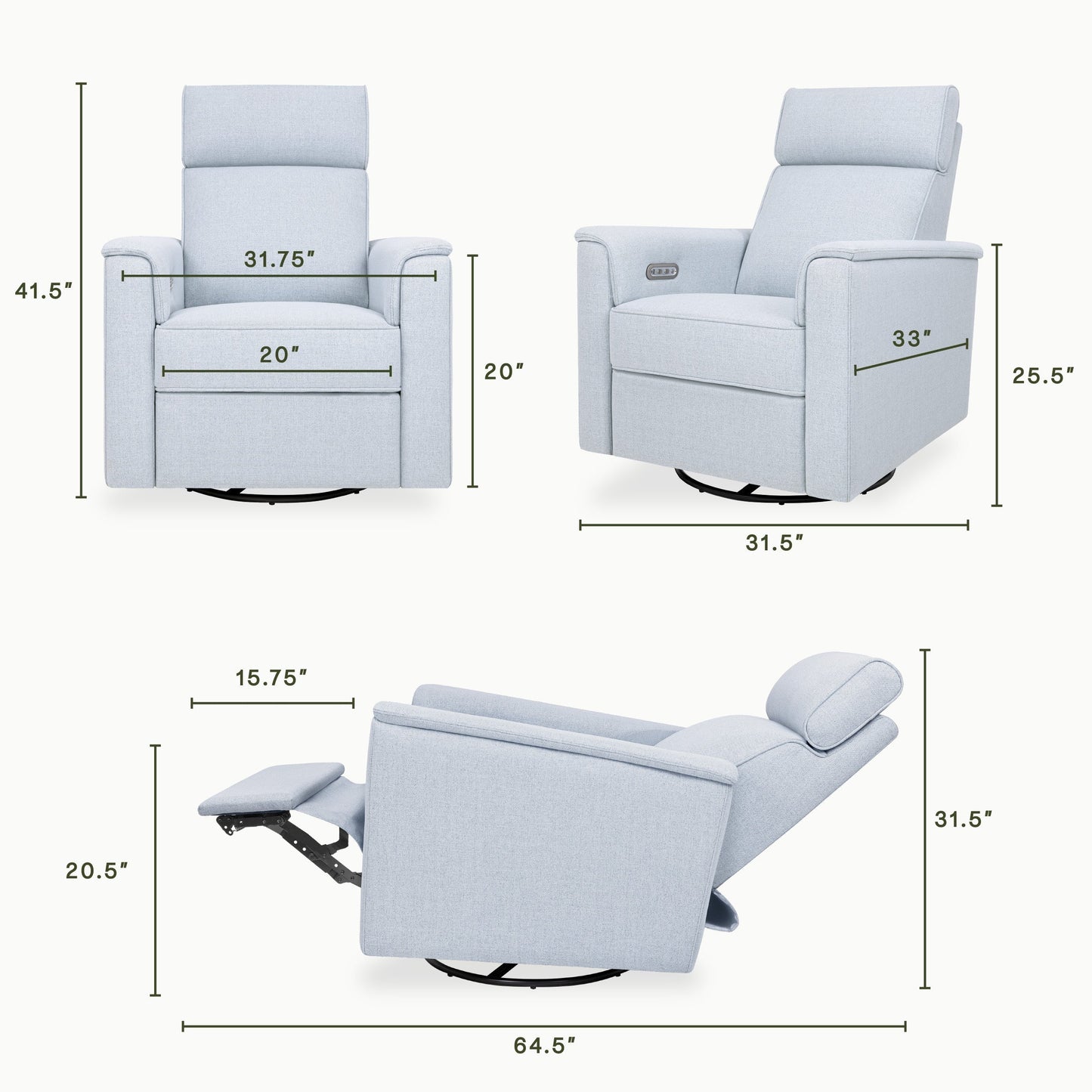 Willa Power Glider Recliner w/ adj. headrest & USB in Performance Grey Eco-Weave w/Light Wood Base