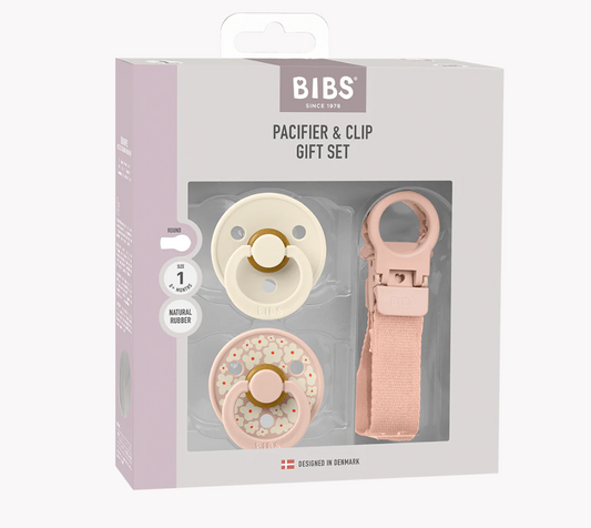BIBS COLOUR PACIFIER & LOOP CLIP GIFT SET LATEX SIZE 1 BLUSH