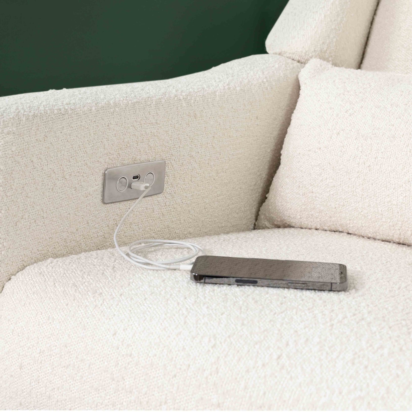 Kiwi Glider Recliner w/ Electronic Control and USB in Ivory Boucle w/Gold Base