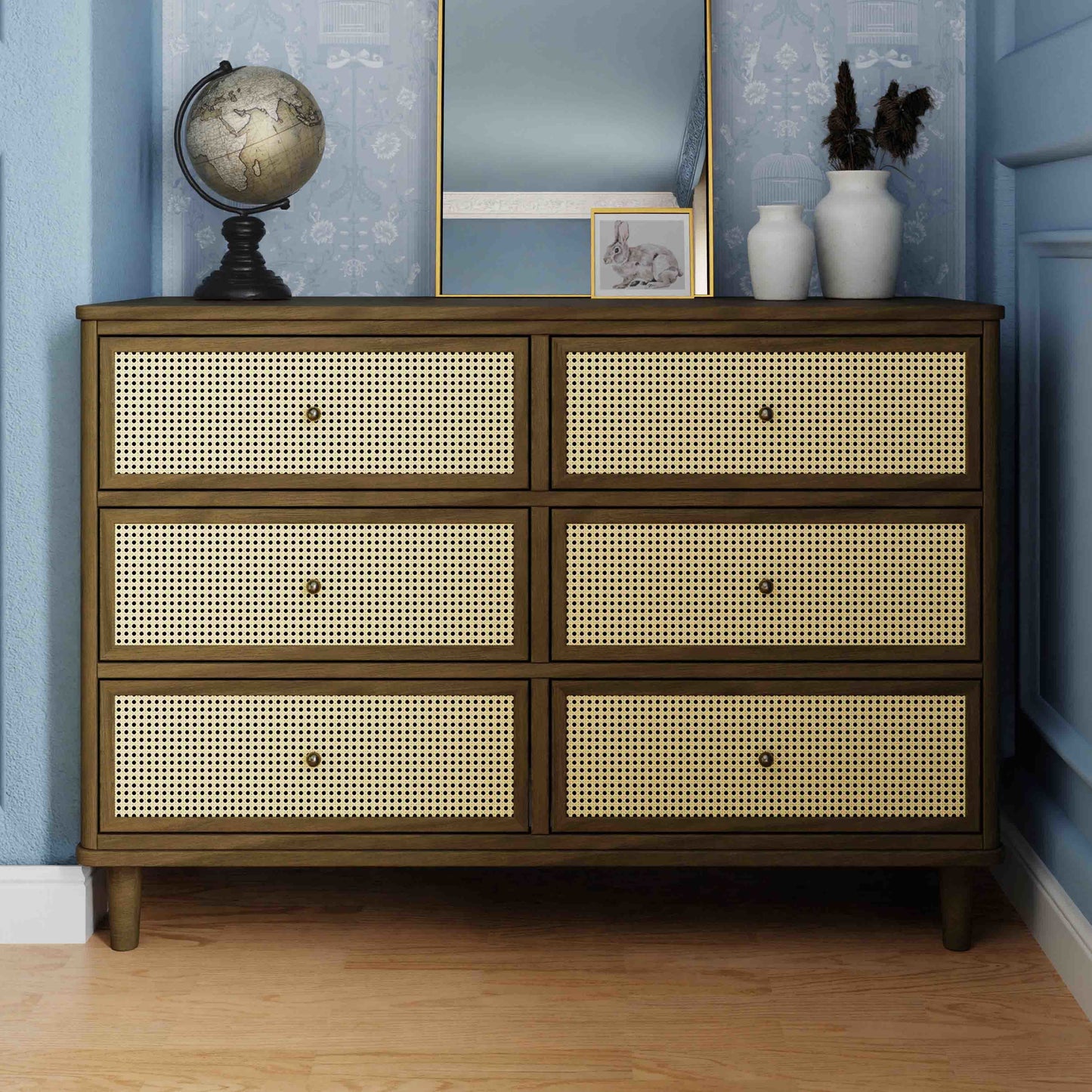Marin with Cane 6 Drawer Assembled Dresser in Warm White and Honey Cane