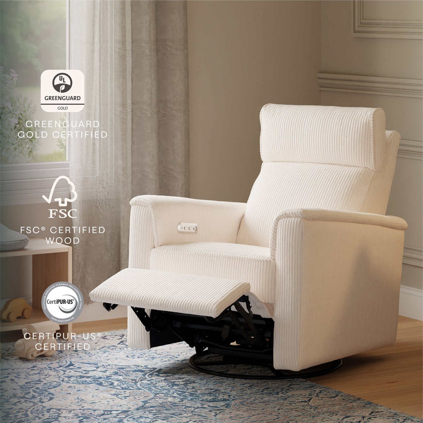 Willa Power Glider Recliner w/ adj. headrest & USB in Performance Grey Eco-Weave w/Light Wood Base