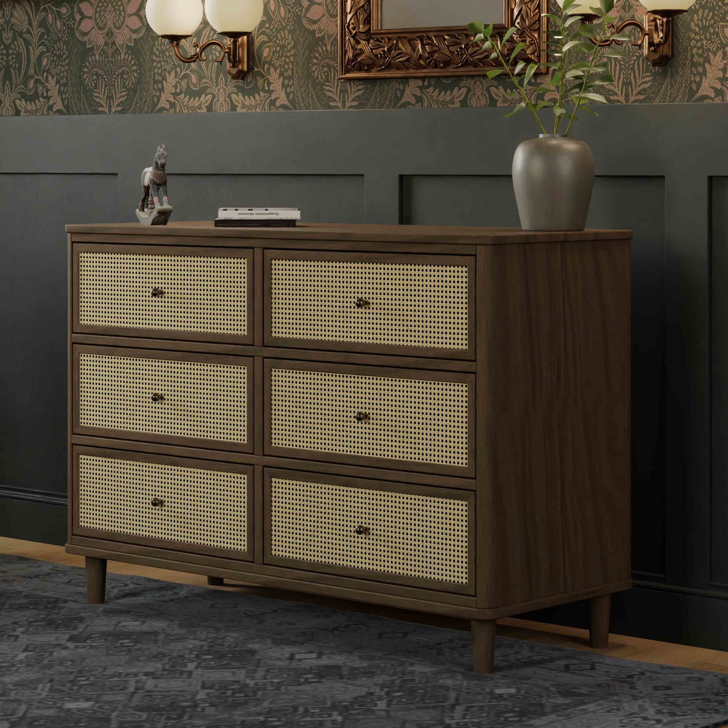 Marin with Cane 6 Drawer Assembled Dresser in Warm White and Honey Cane