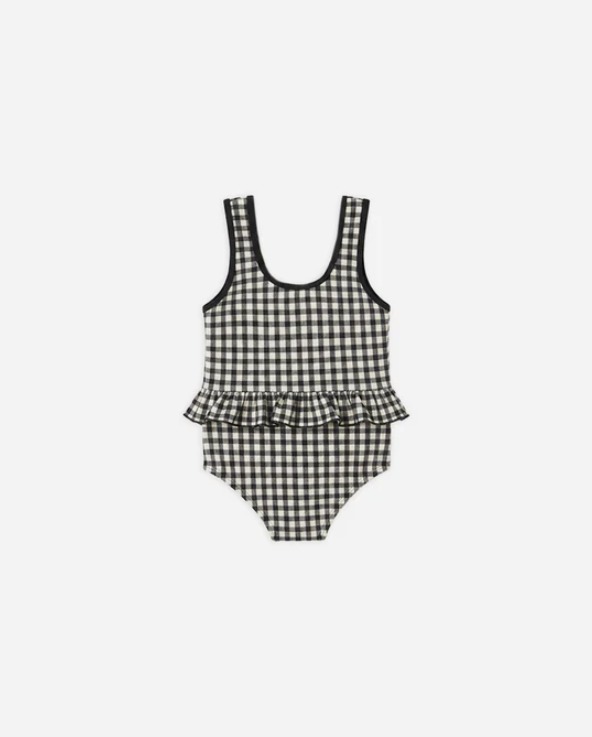 RYLEE + CRU SKIRTED ONE-PIECE BLACK GINGHAM