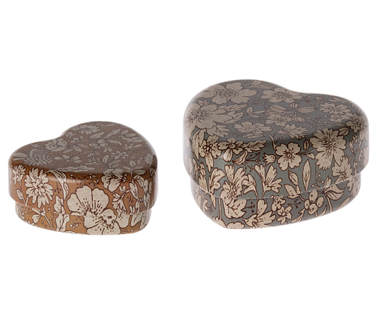 MAILEG METAL HEART BOX, 2 PCS SET- BLUE/OCHER BLOSSOM