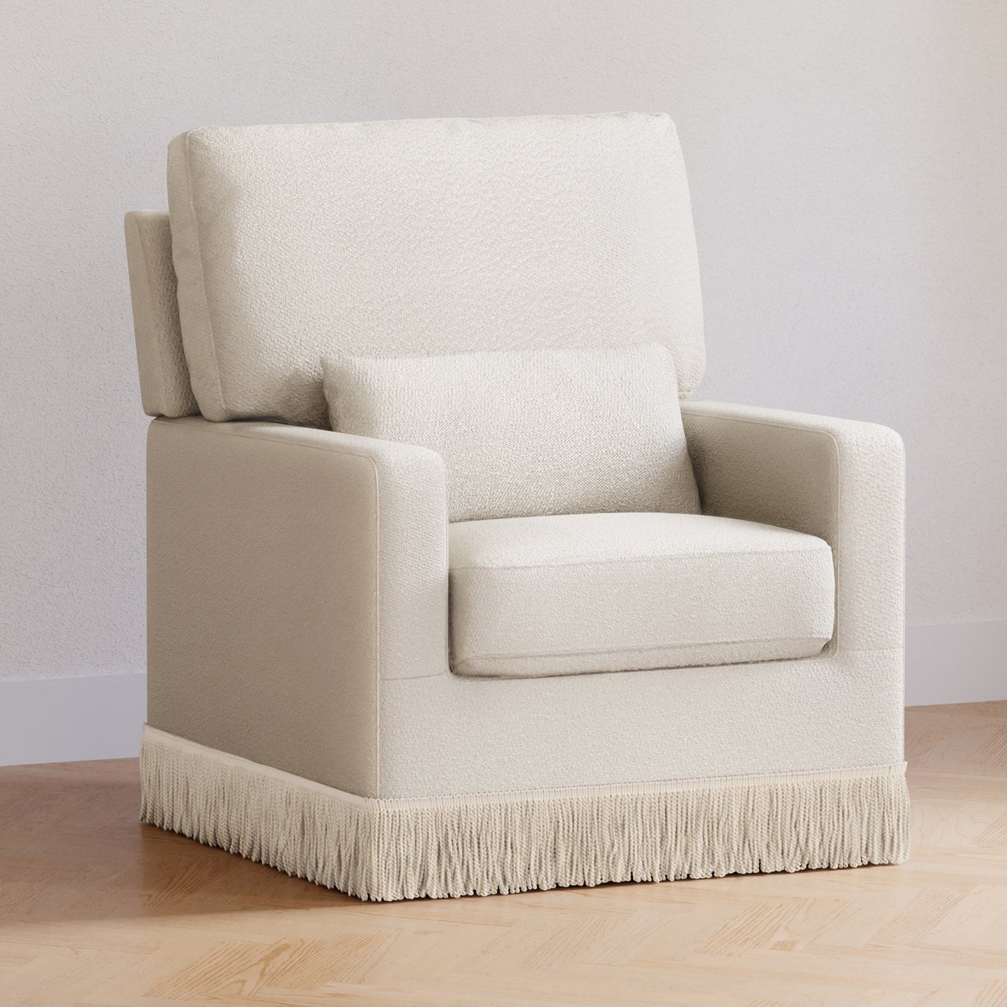 NAMESAKE CRAWFORD PILLOWBACK COMFORT SWIVEL GLIDER | BOUCLE WITH TASSEL FRINGE
