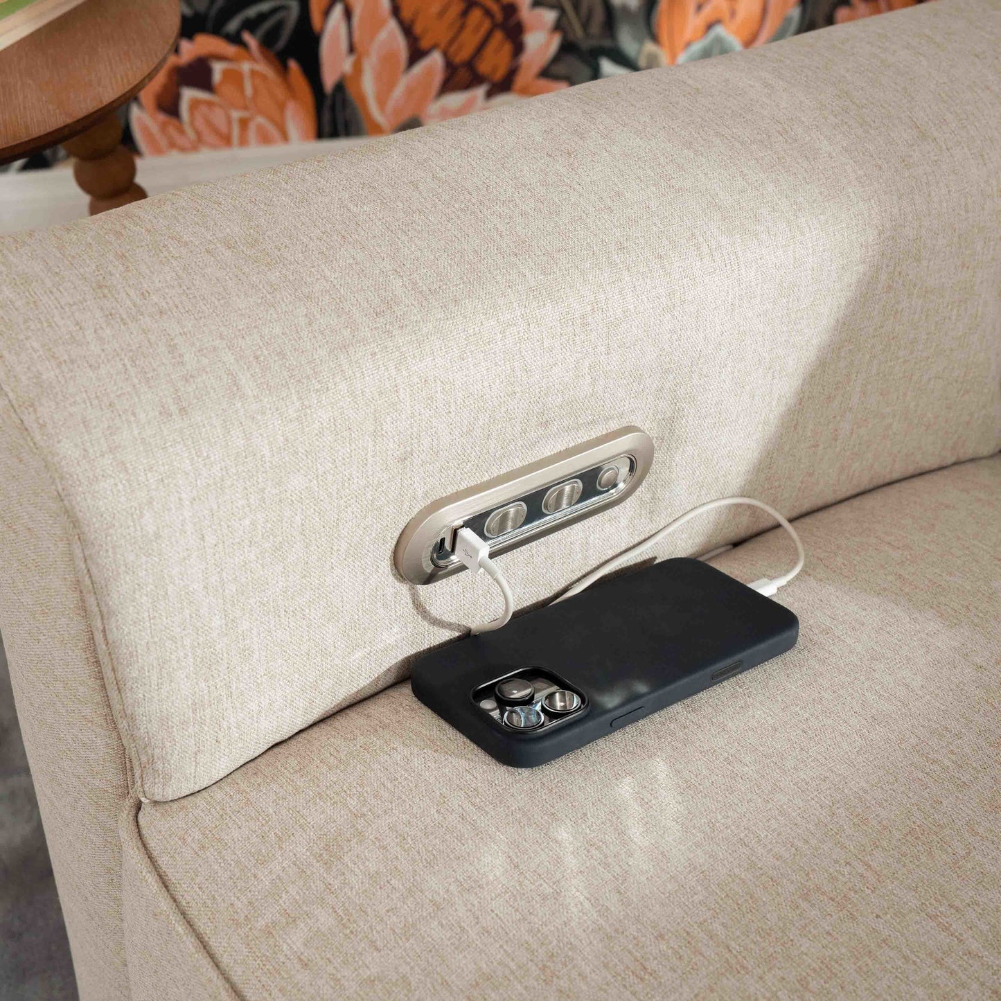 Willa Power Glider Recliner w/ adj. headrest & USB in Performance Grey Eco-Weave w/Light Wood Base