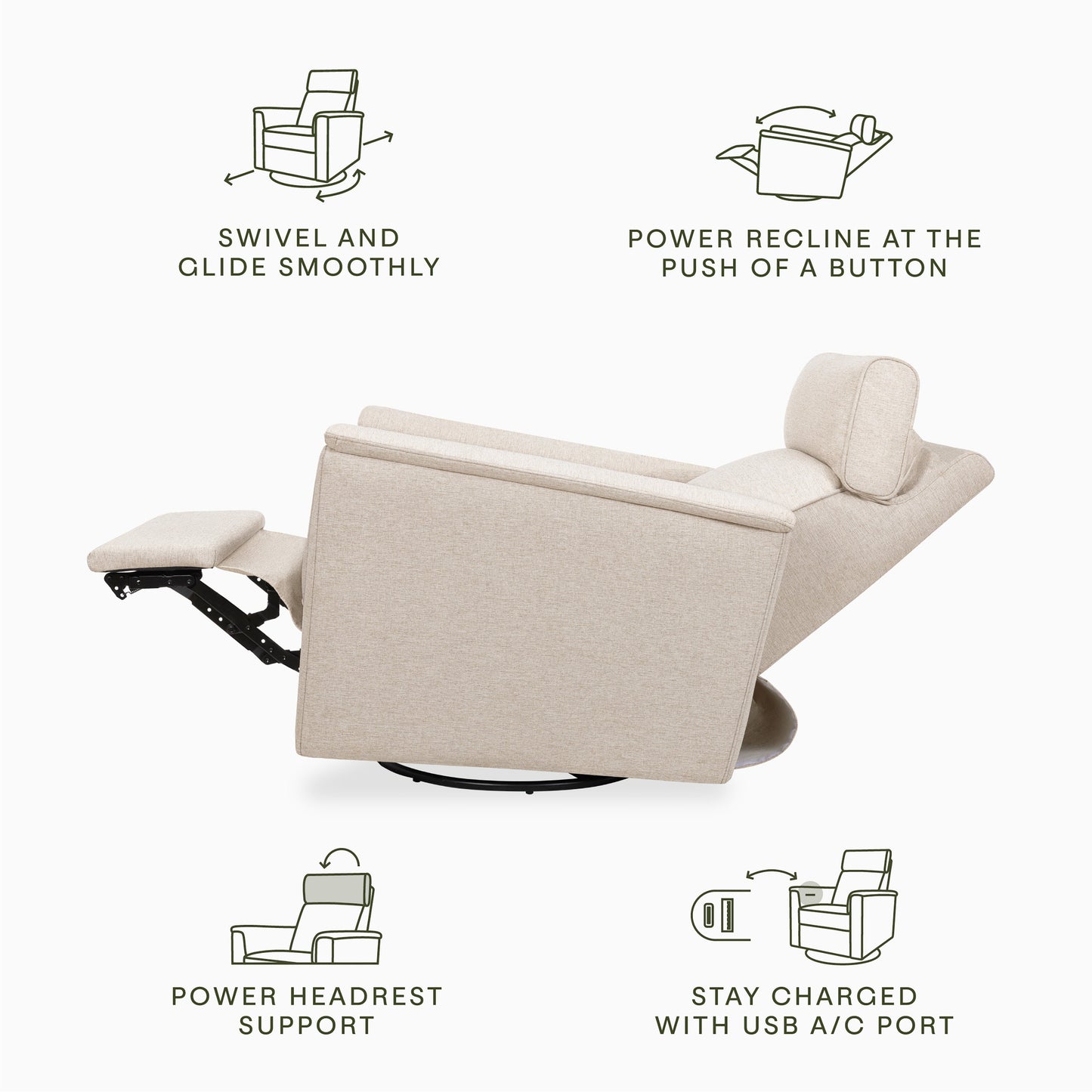 Willa Power Glider Recliner w/ adj. headrest & USB in Performance Grey Eco-Weave w/Light Wood Base