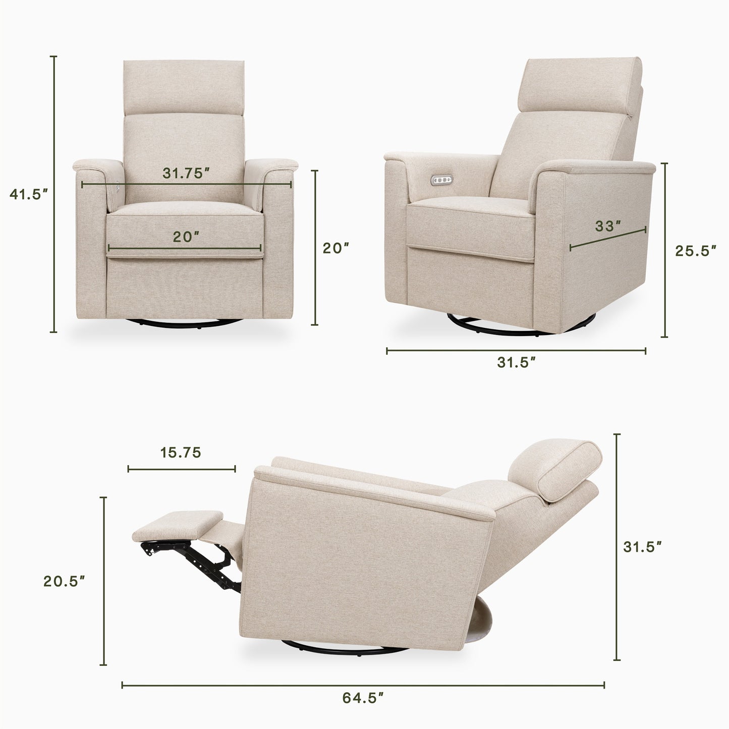 Willa Power Glider Recliner w/ adj. headrest & USB in Performance Grey Eco-Weave w/Light Wood Base