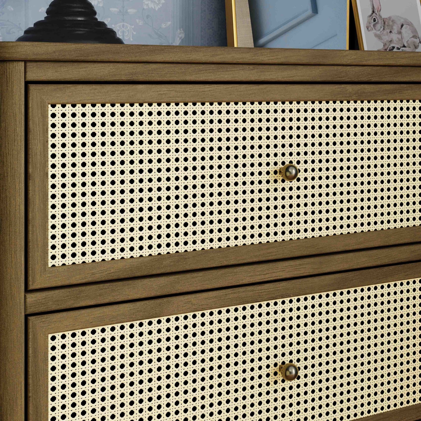 Marin with Cane 6 Drawer Assembled Dresser in Warm White and Honey Cane