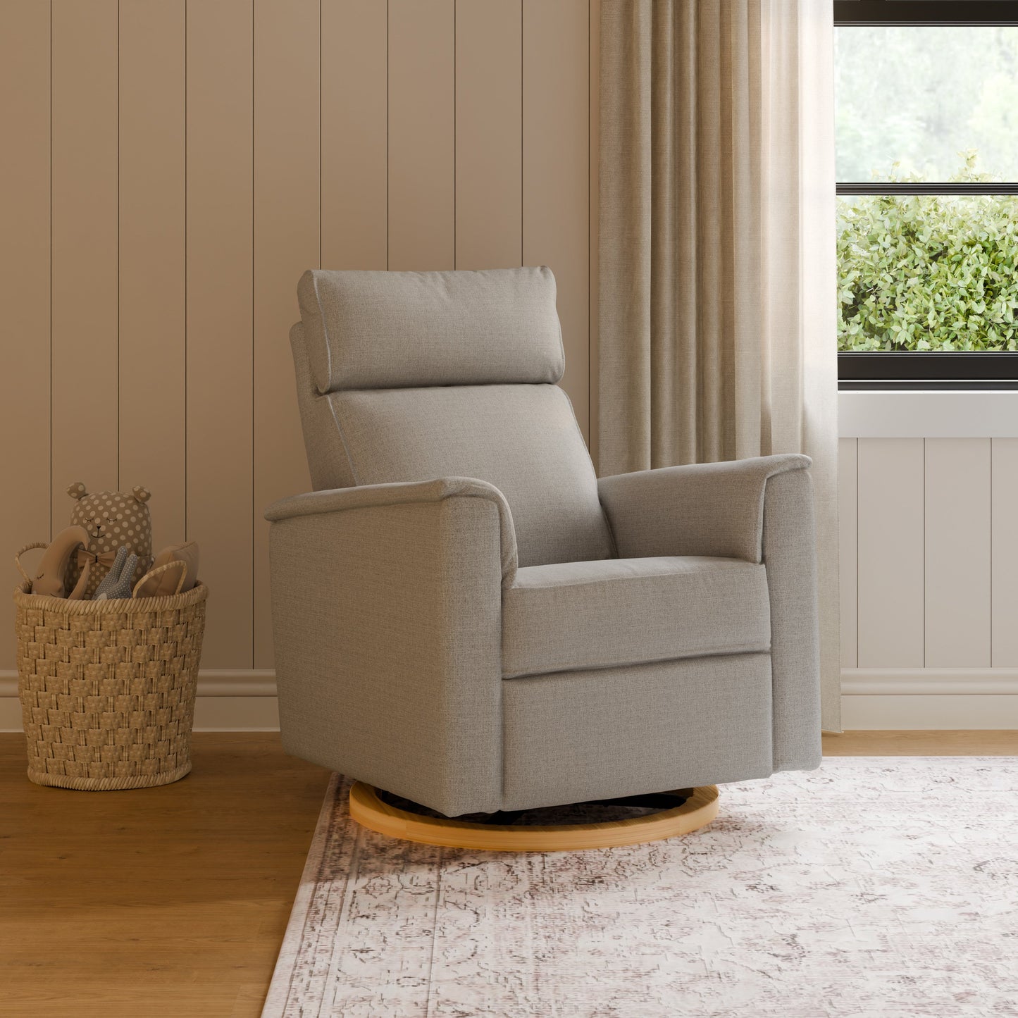 Willa Power Glider Recliner w/ adj. headrest & USB in Performance Grey Eco-Weave w/Light Wood Base