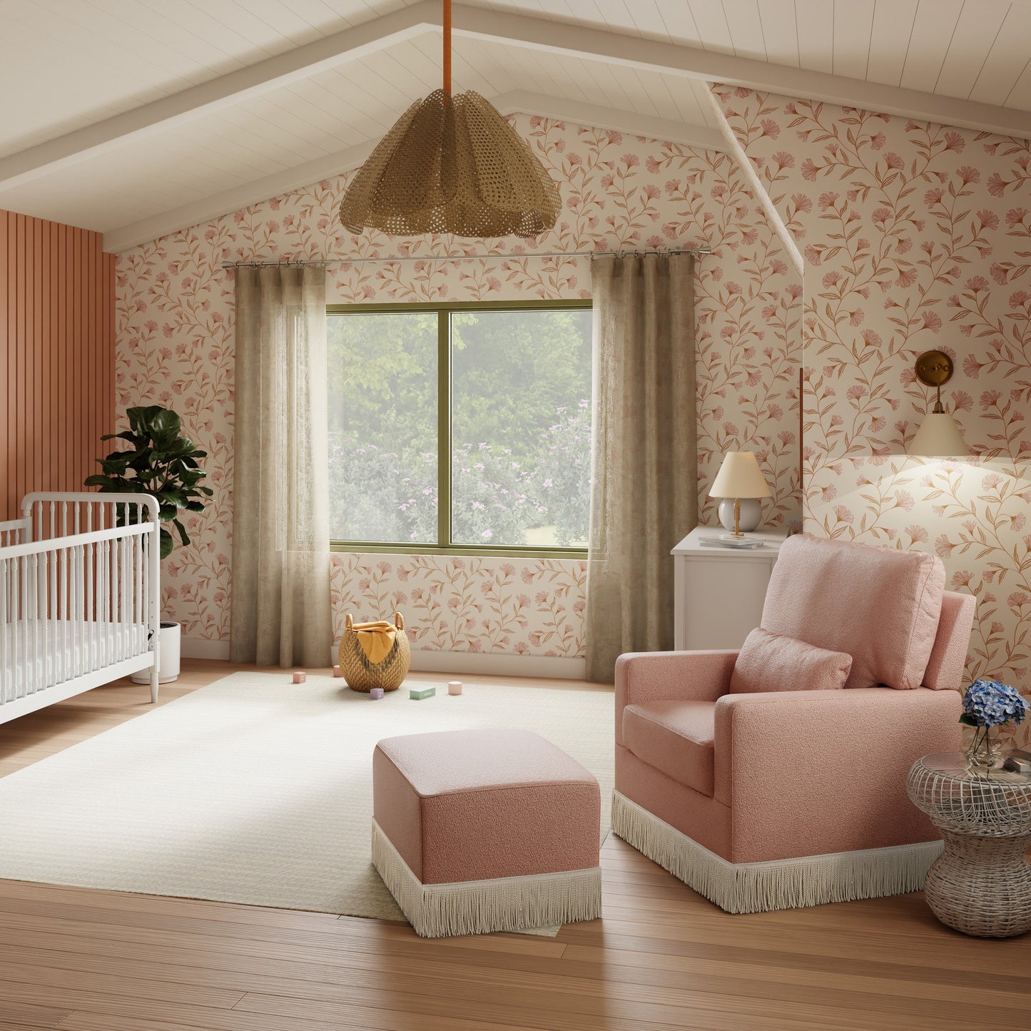 NAMESAKE CRAWFORD PILLOWBACK COMFORT SWIVEL GLIDER | BOUCLE WITH TASSEL FRINGE