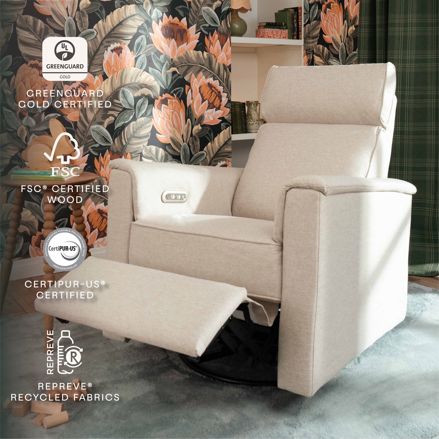 Willa Power Glider Recliner w/ adj. headrest & USB in Performance Grey Eco-Weave w/Light Wood Base