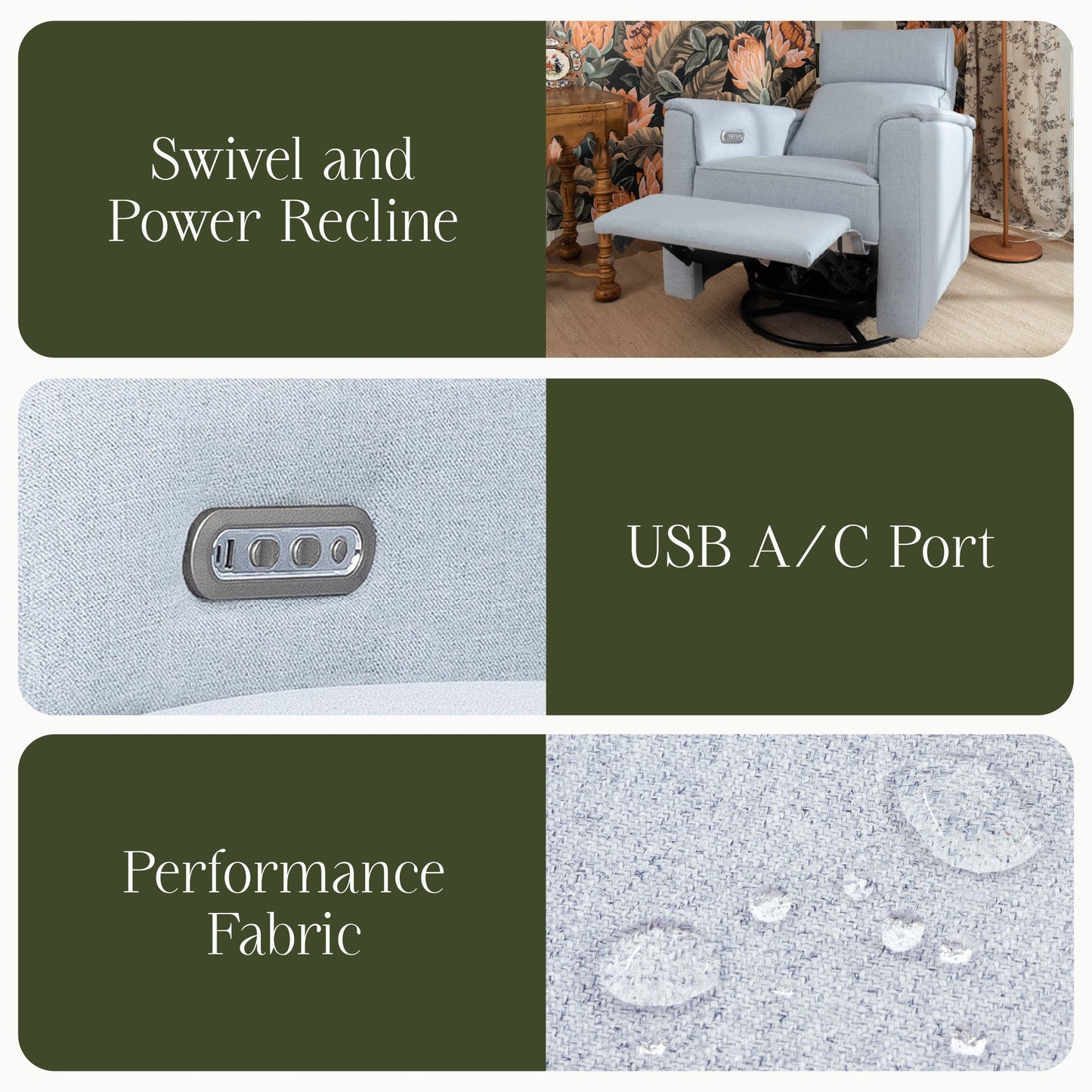 Willa Power Glider Recliner w/ adj. headrest & USB in Performance Grey Eco-Weave w/Light Wood Base