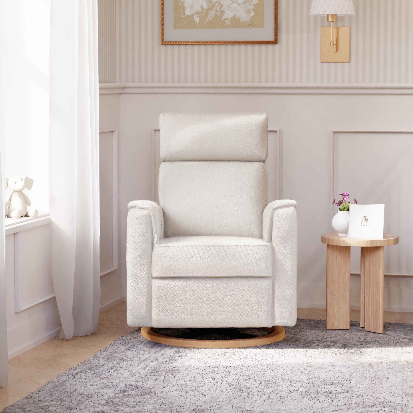 Willa Power Glider Recliner w/ adj. headrest & USB in Performance Grey Eco-Weave w/Light Wood Base