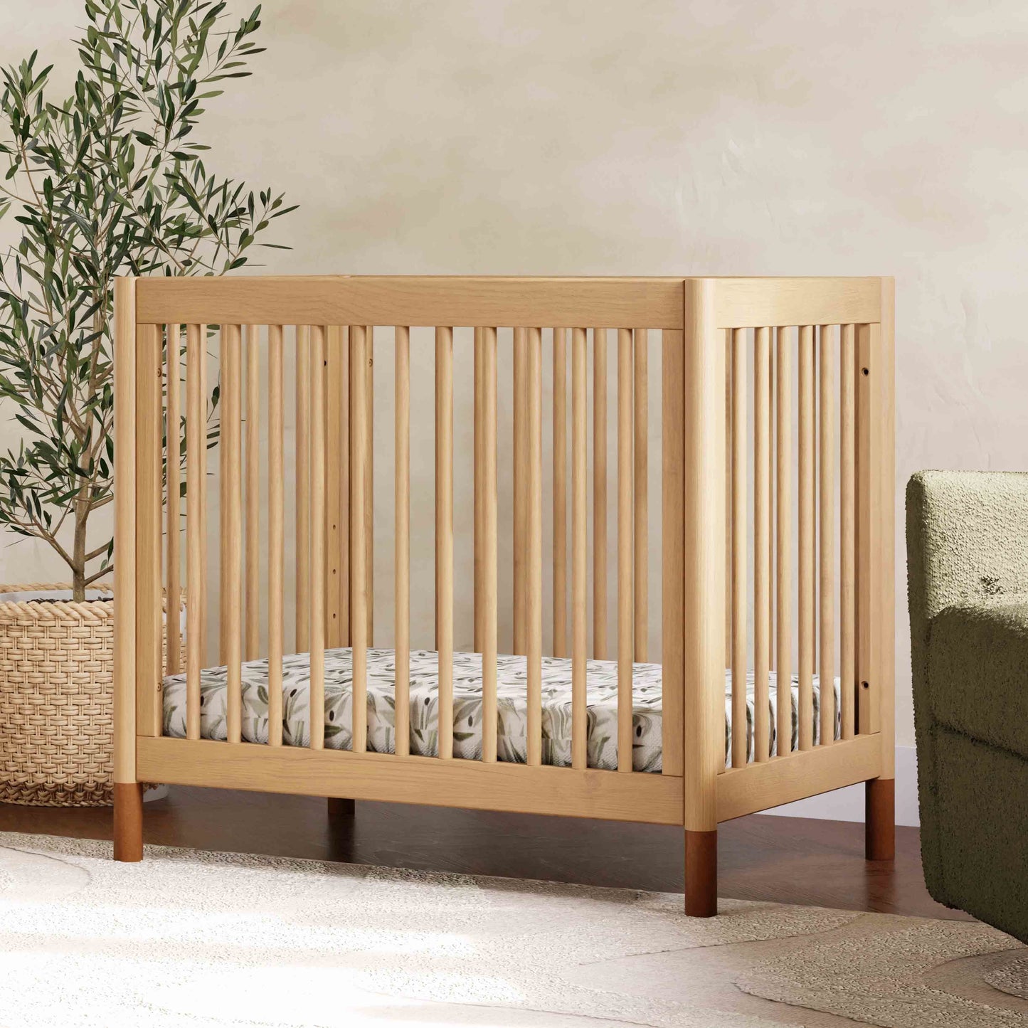 Gelato 4-in-1 Convertible Mini Crib and Twin bed in Natural Walnut Finish with Gold Feet