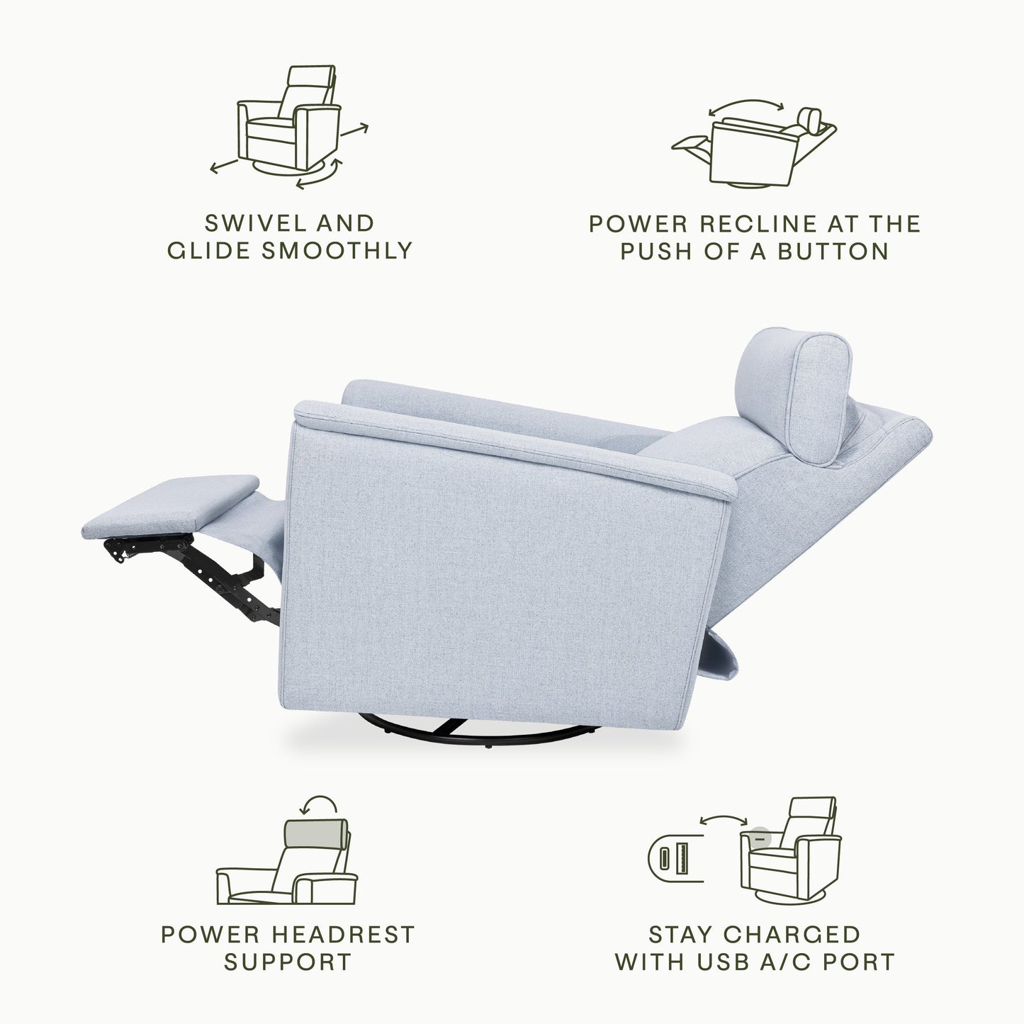 Willa Power Glider Recliner w/ adj. headrest & USB in Performance Grey Eco-Weave w/Light Wood Base