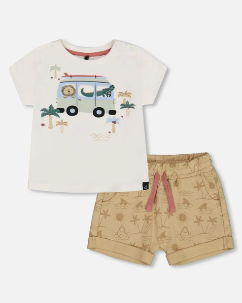 PRINTED SHARK AND WAVES TOP & FRENCH TERRY SHORT SET