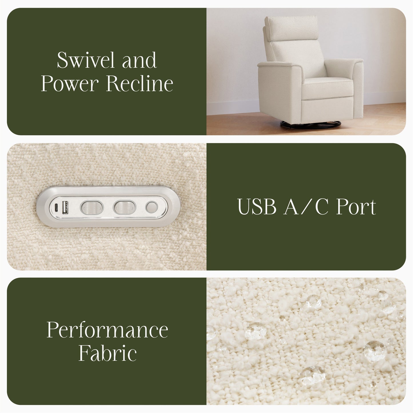 Willa Power Glider Recliner w/ adj. headrest & USB in Performance Grey Eco-Weave w/Light Wood Base